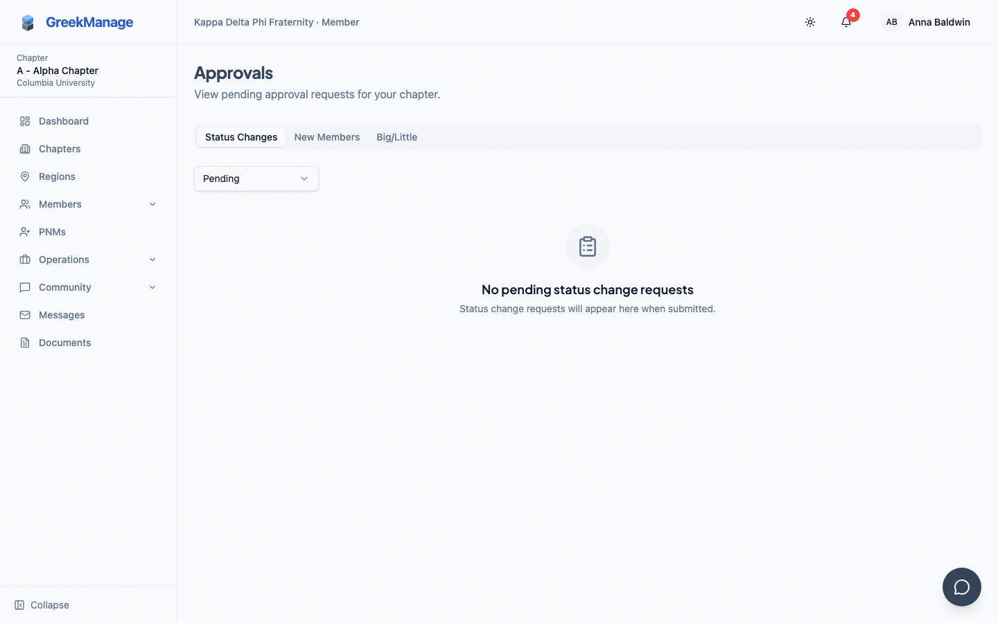 Chapter Approvals page header — Status Changes, New Members, and Big/Little tabs only.