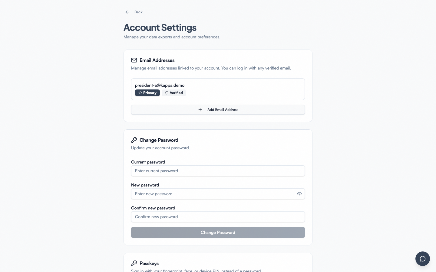full account-settings page, top half showing Email Addresses + Password cards