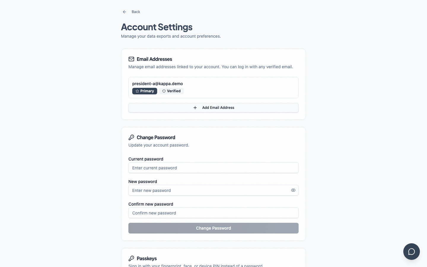 full account-settings page, top half showing Email Addresses + Password cards