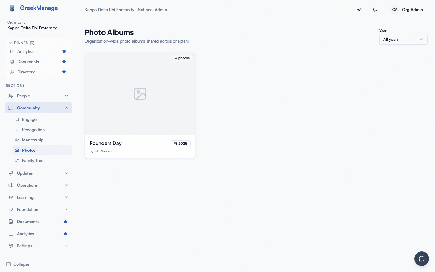 org photos page in the empty state, before any chapter has shared an album org-wide