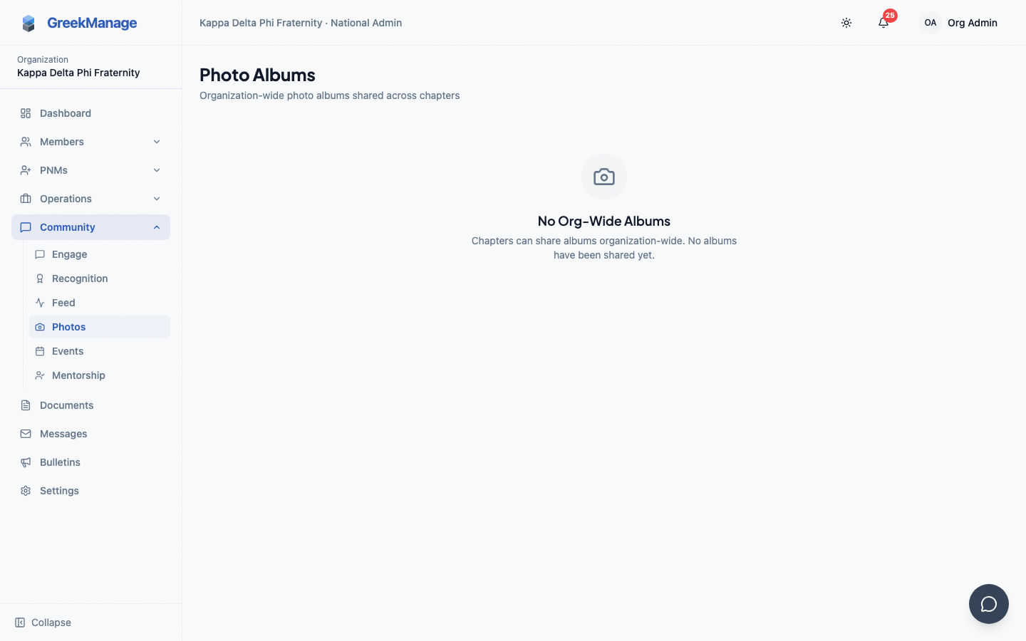 org photos page in the empty state, before any chapter has shared an album org-wide