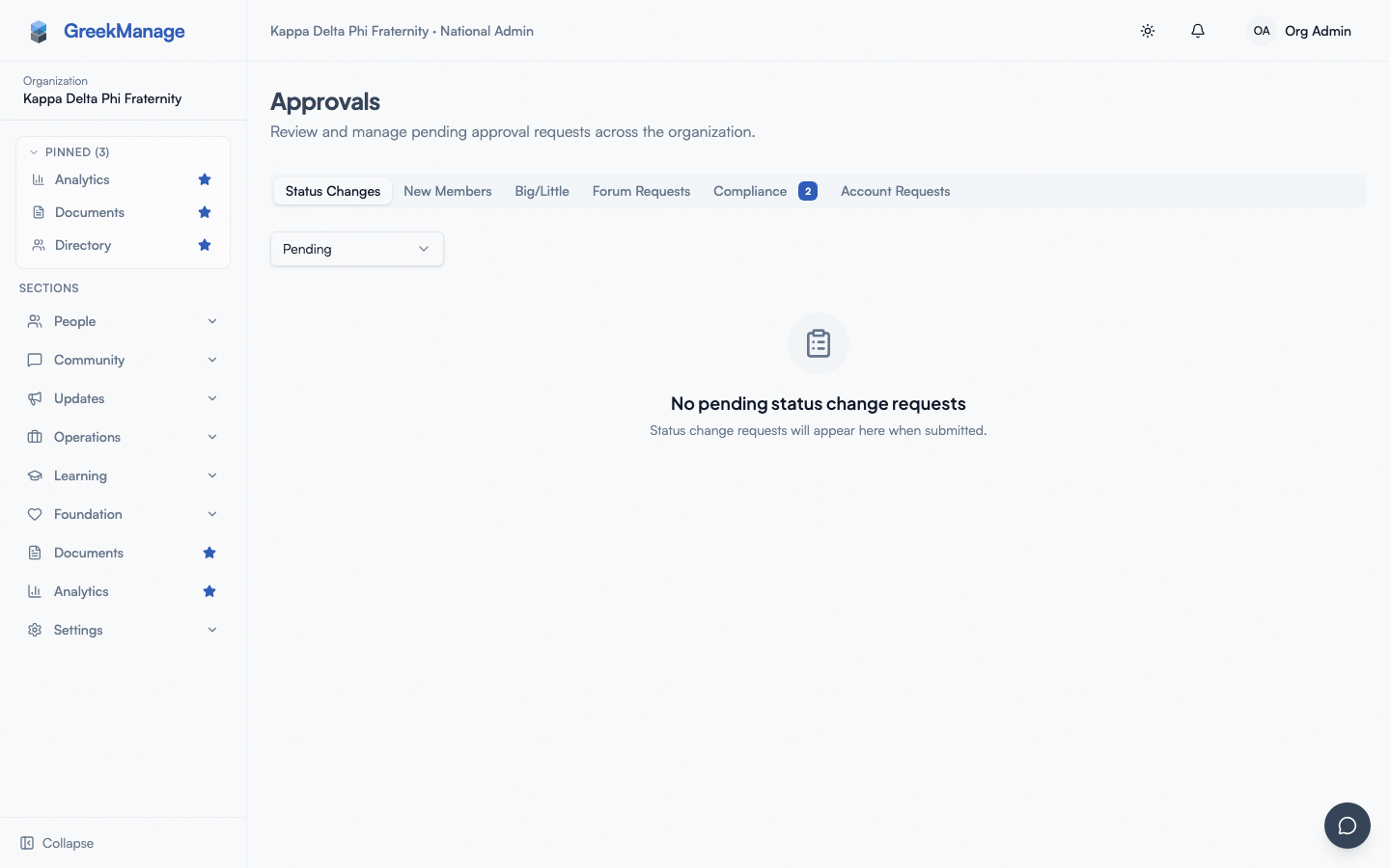 Approvals page with tabs and pending badges