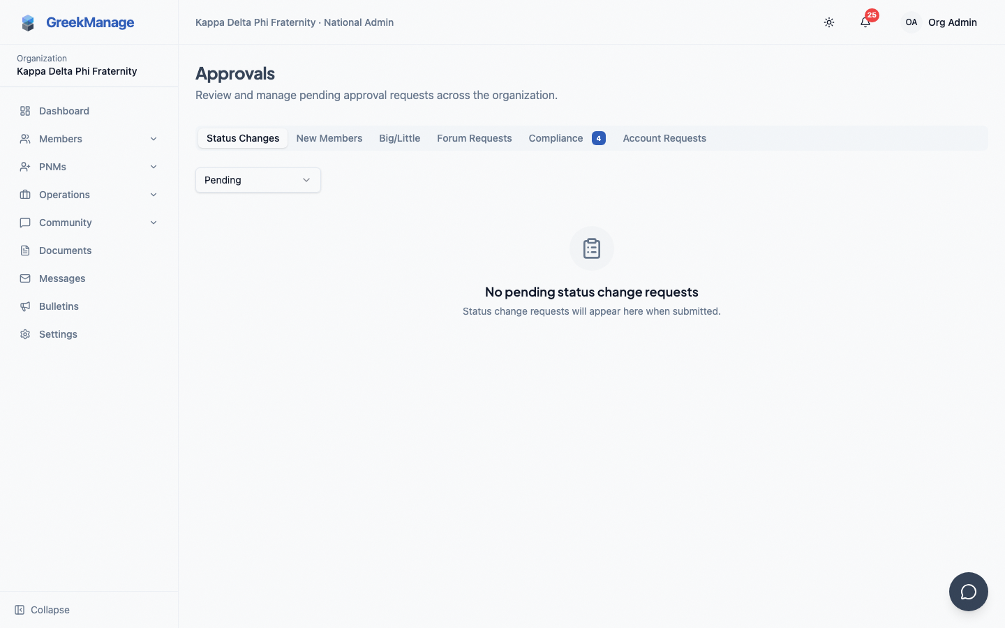 Approvals page with tabs and pending badges
