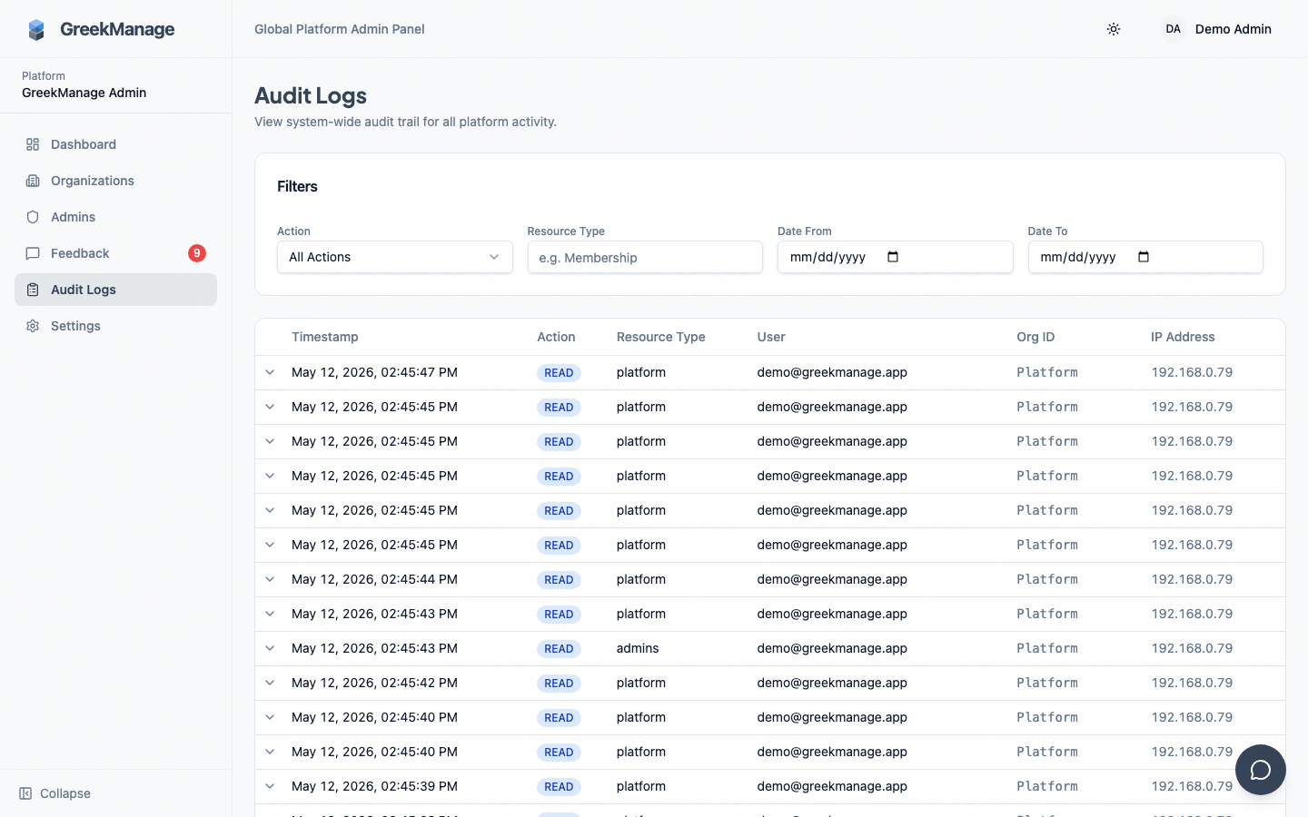the platform audit logs table with filters expanded