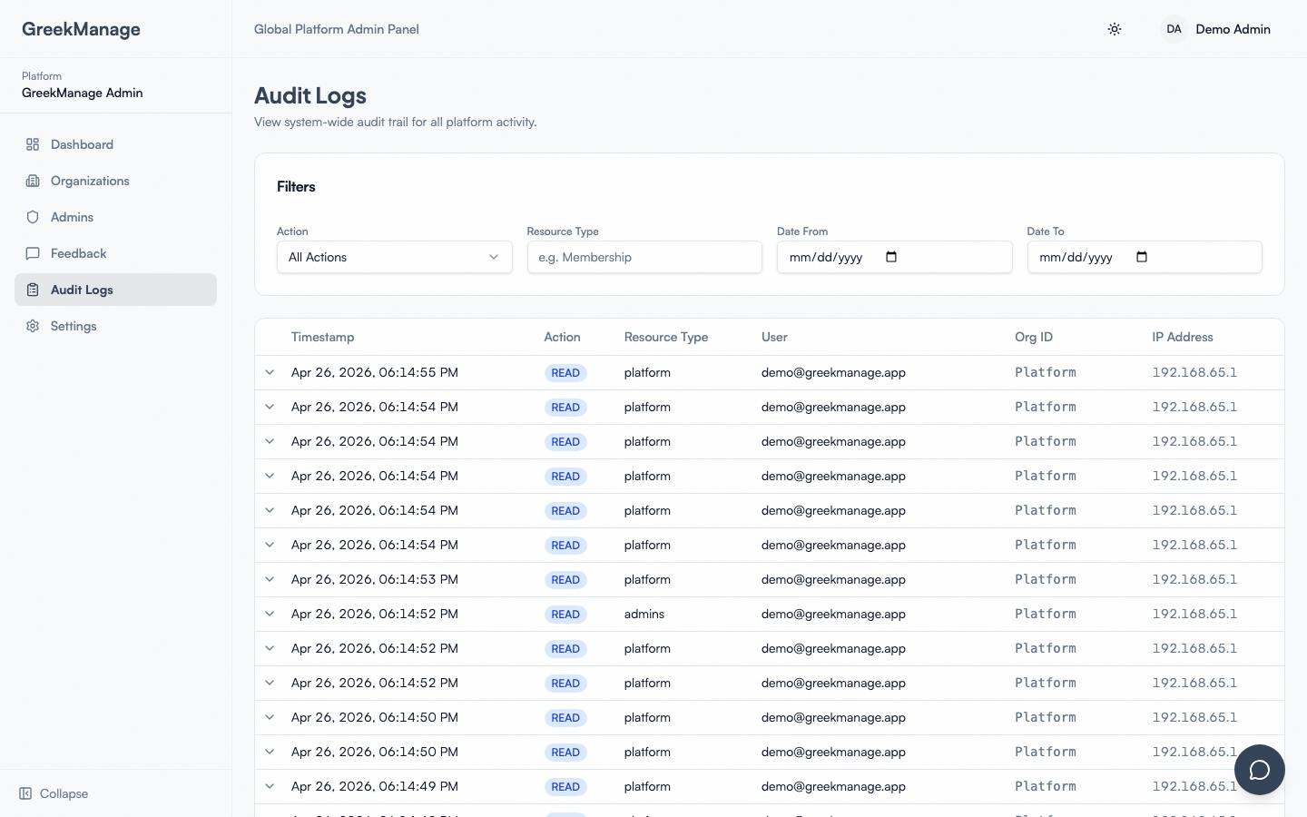 The platform audit log.