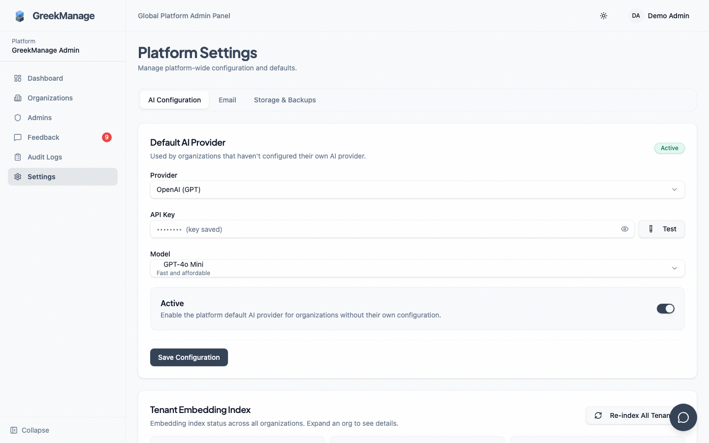 Platform → Settings → Storage &amp; Backups full page