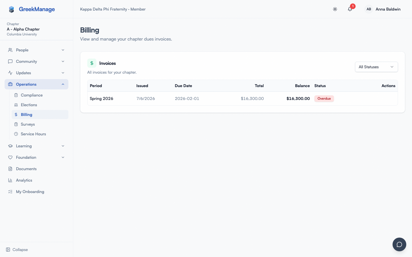 chapter billing list with mixed statuses and the View action hover