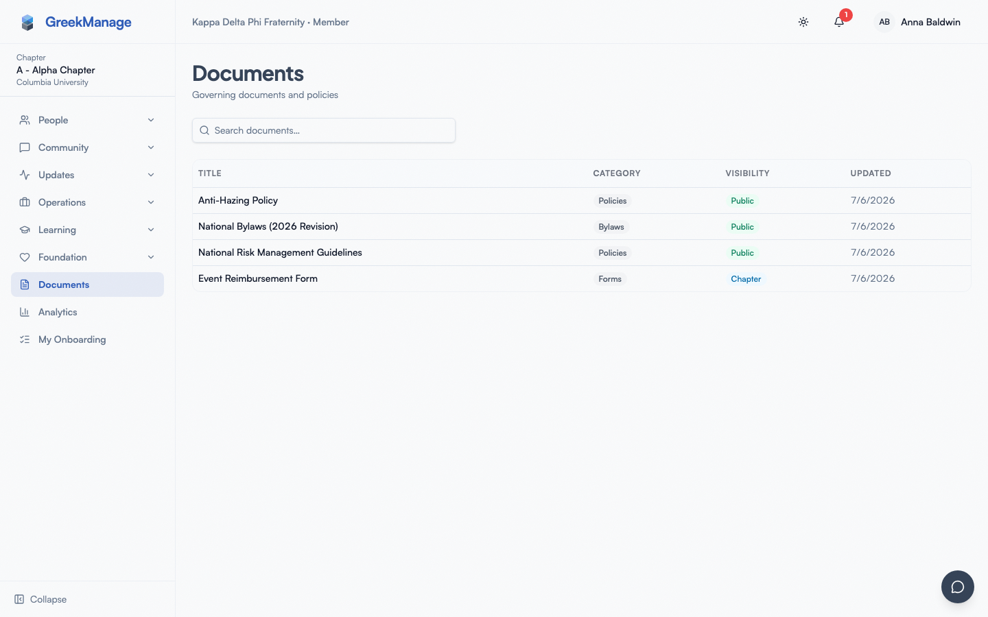 Chapter Documents page with the document table and category badges.