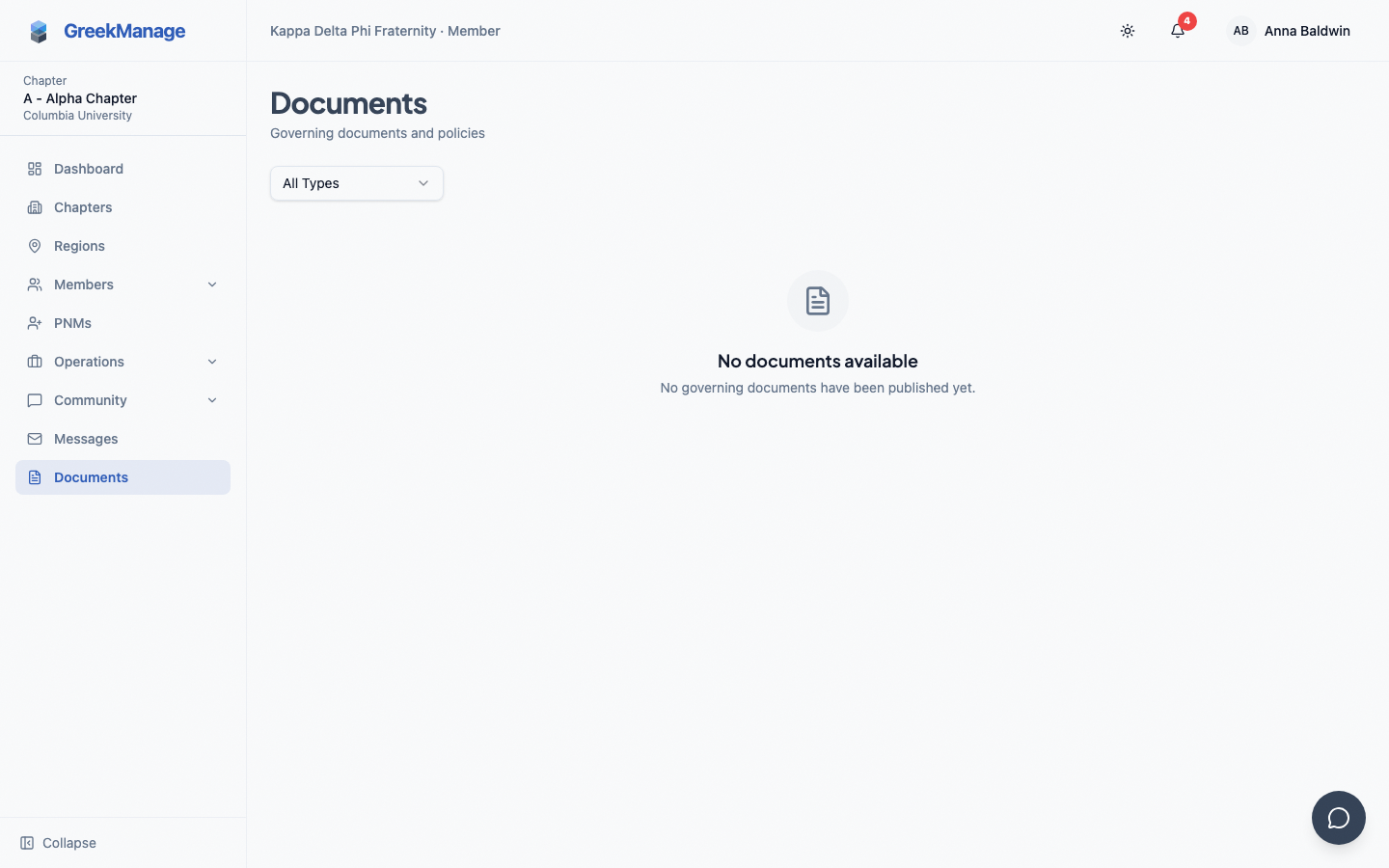 Chapter Documents page with the document table, type badges, and current/archived status.