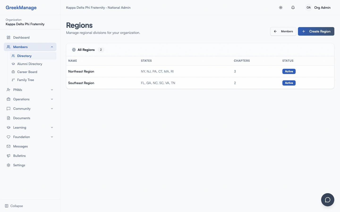 Region creation form.