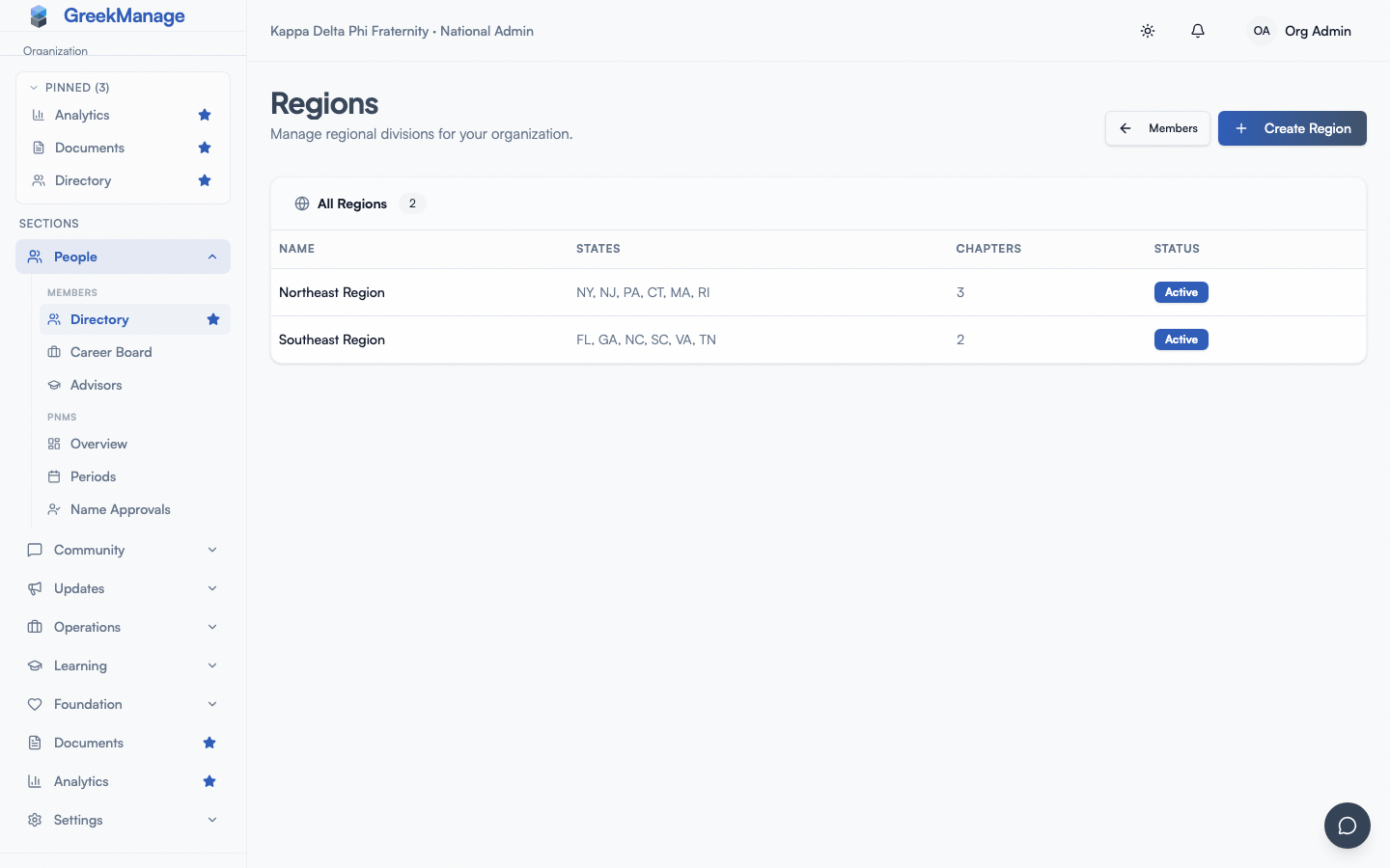 Region creation form.