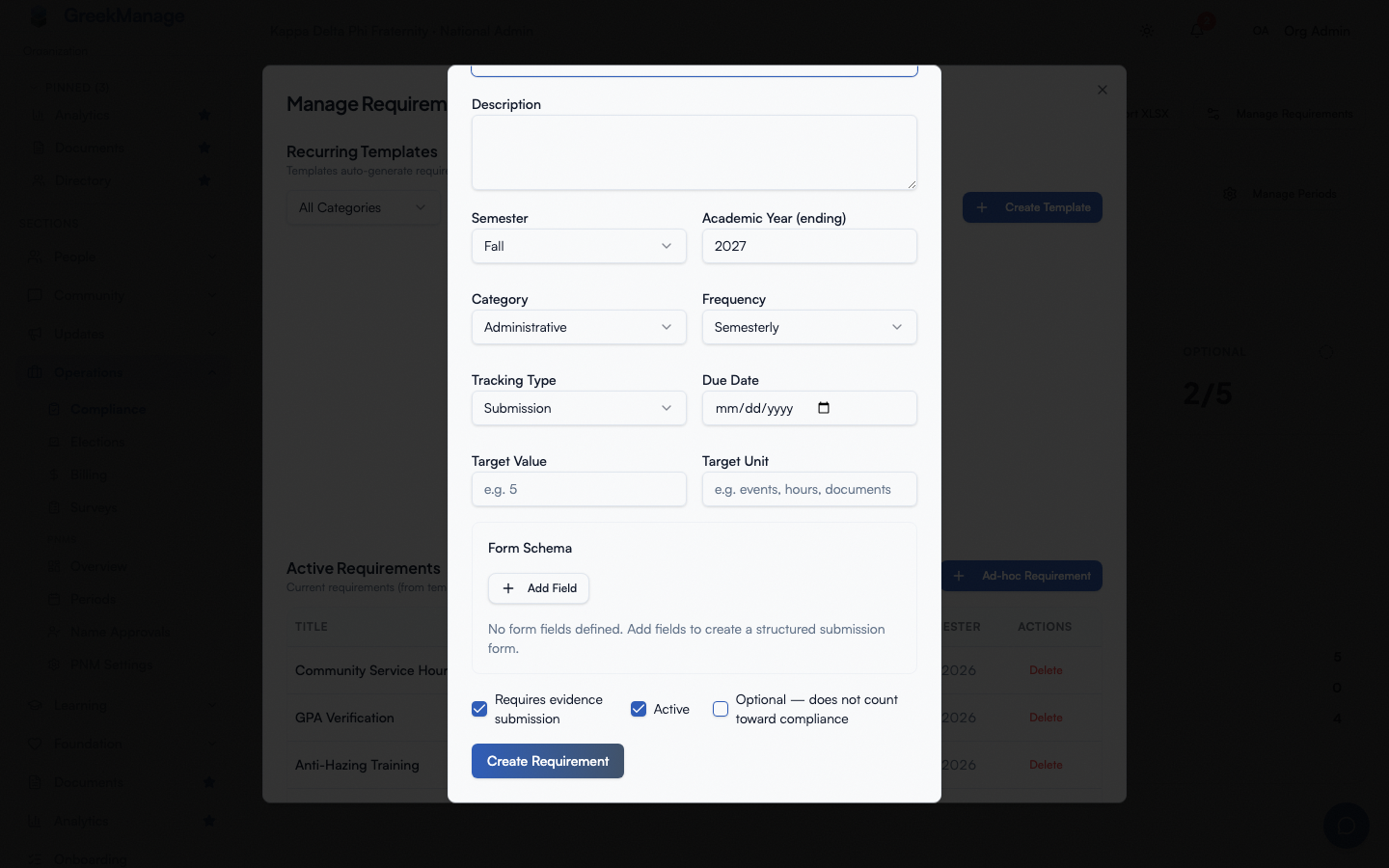 The Create Ad-hoc Requirement dialog, with the "Optional — does not count toward compliance" checkbox alongside "Requires evidence submission" and "Active".