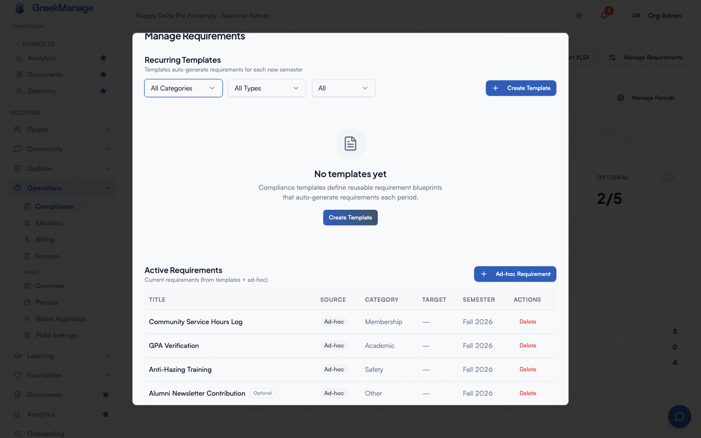 Manage Requirements panel — recurring templates on top, active requirements below.