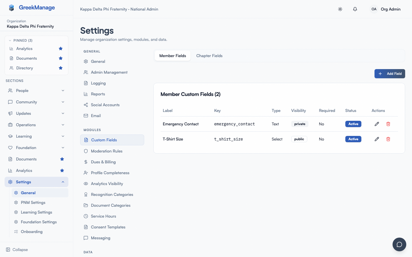 The custom fields list.