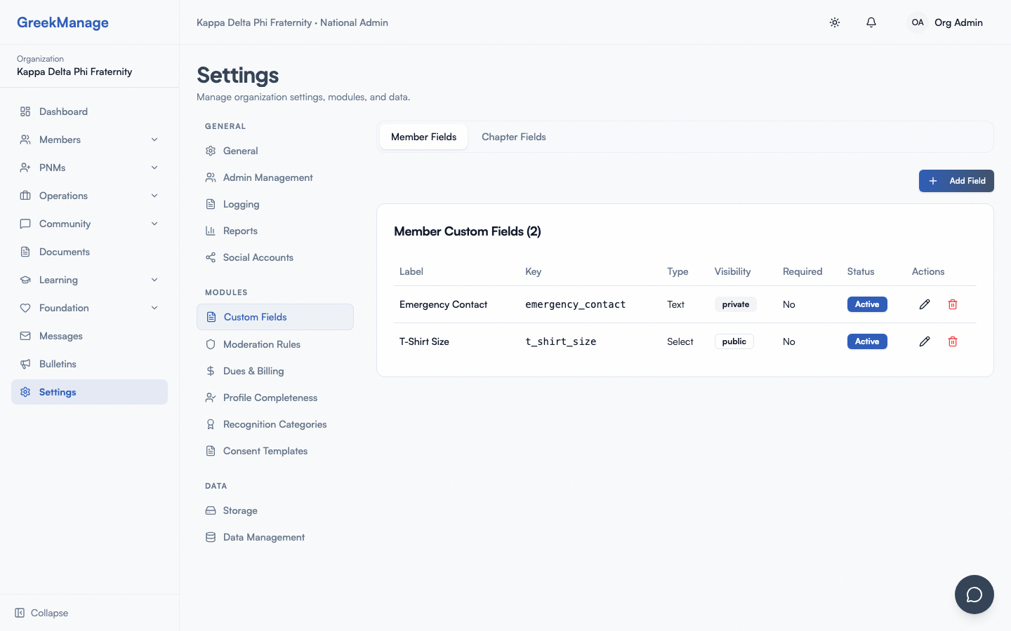 The custom fields list.
