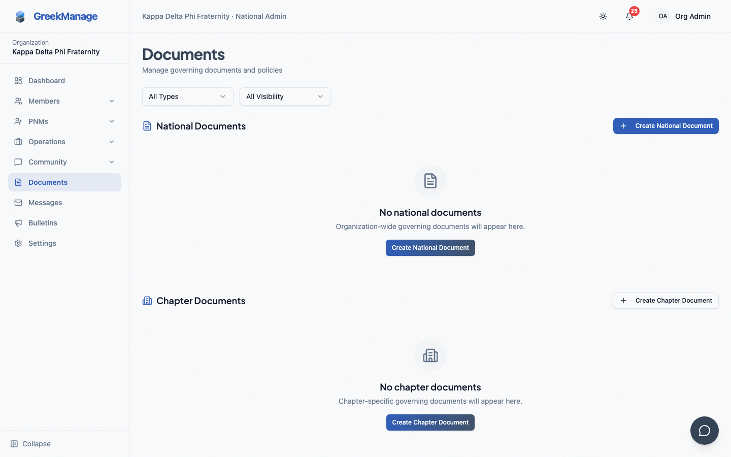 the org Documents page with the National and Chapter sections, type/visibility filters, and Create buttons