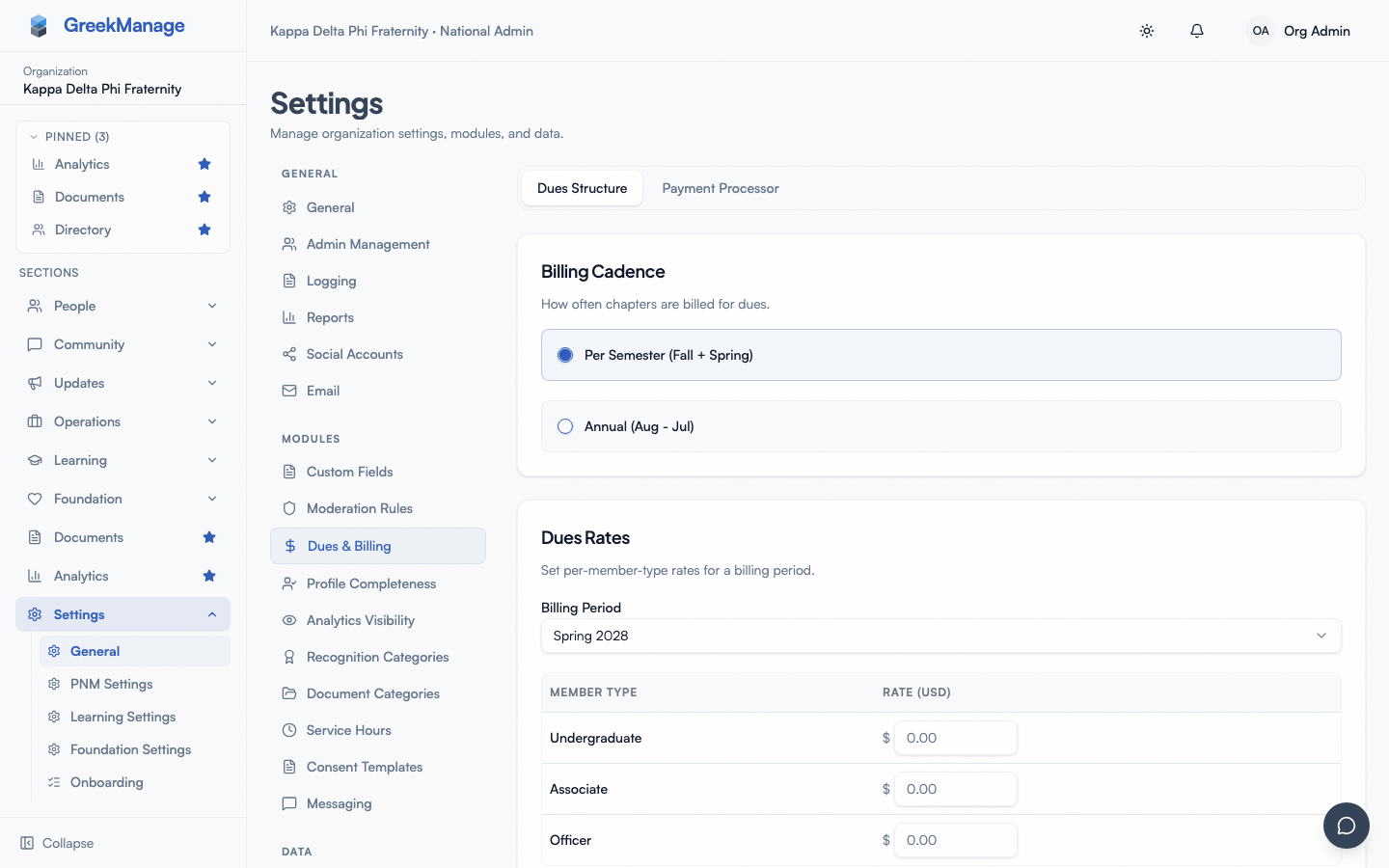 The org dues configuration screen.