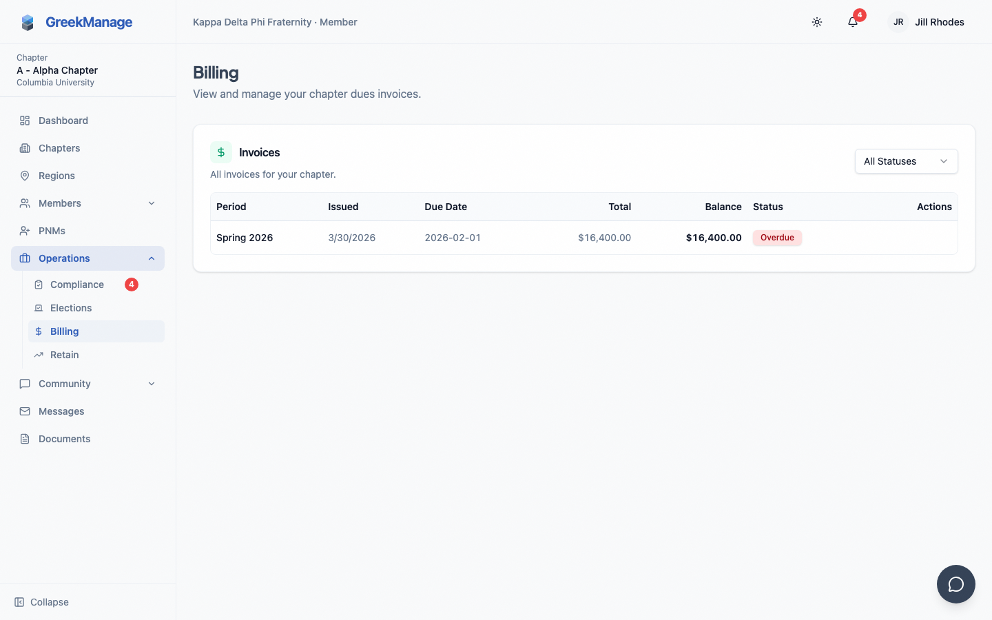 The chapter billing page with the current invoice.