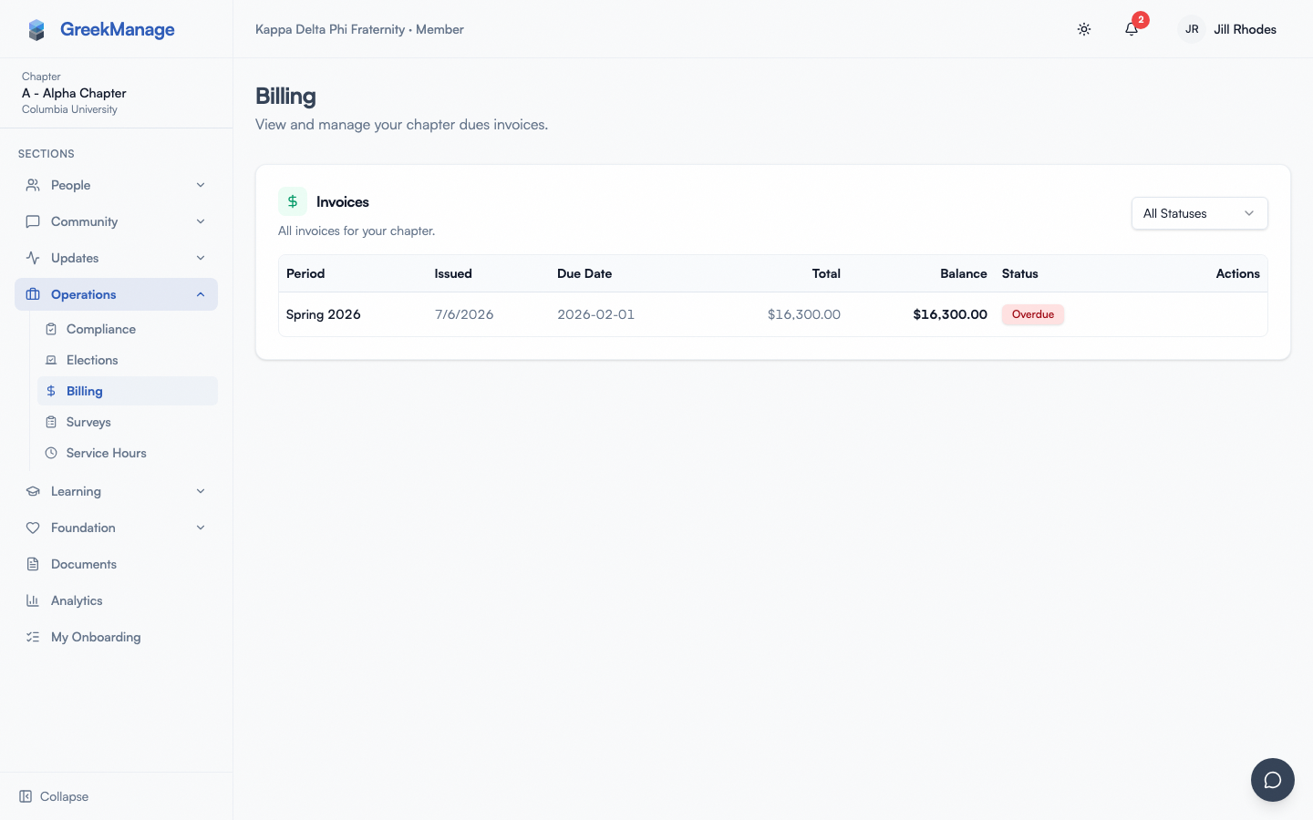 The chapter billing page with the current invoice.