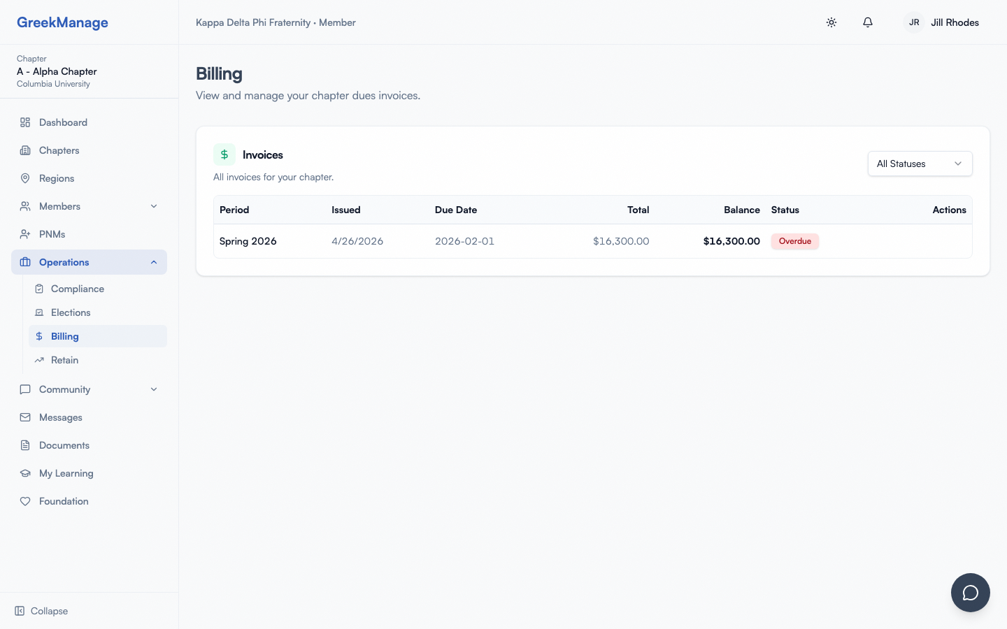 The chapter billing page with open invoices.