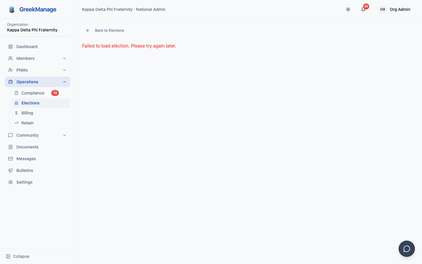 Elections page with the New Election action and existing elections list.