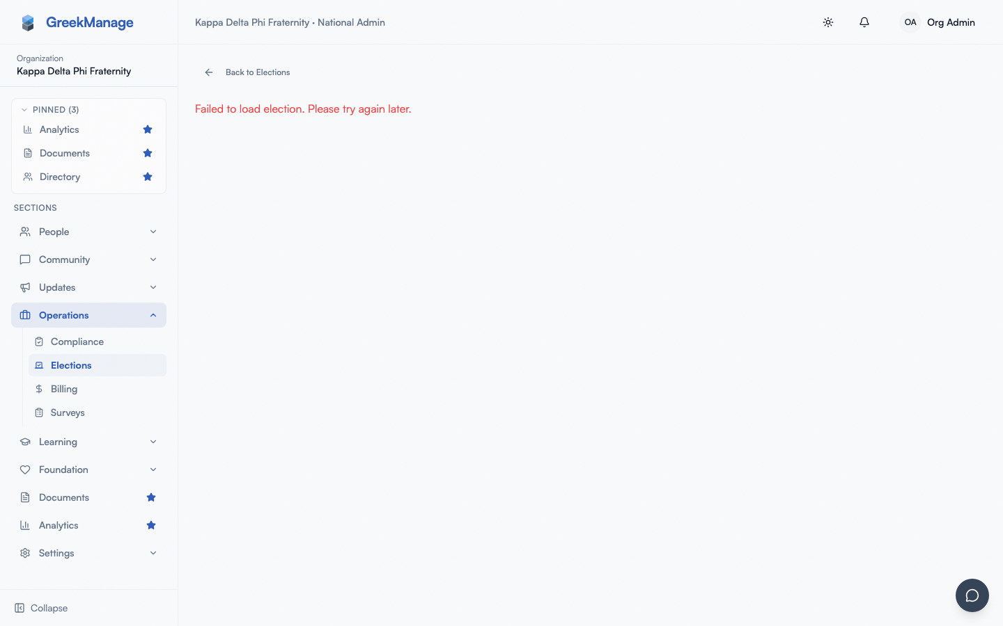 Elections page with the New Election action and existing elections list.