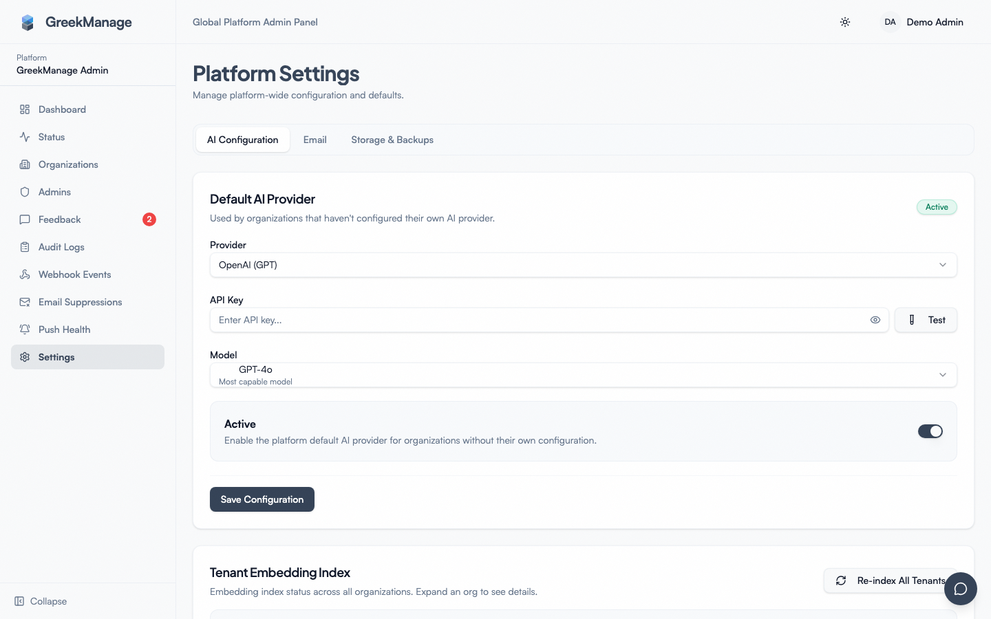 the platform email config screen with the provider selector and From fields