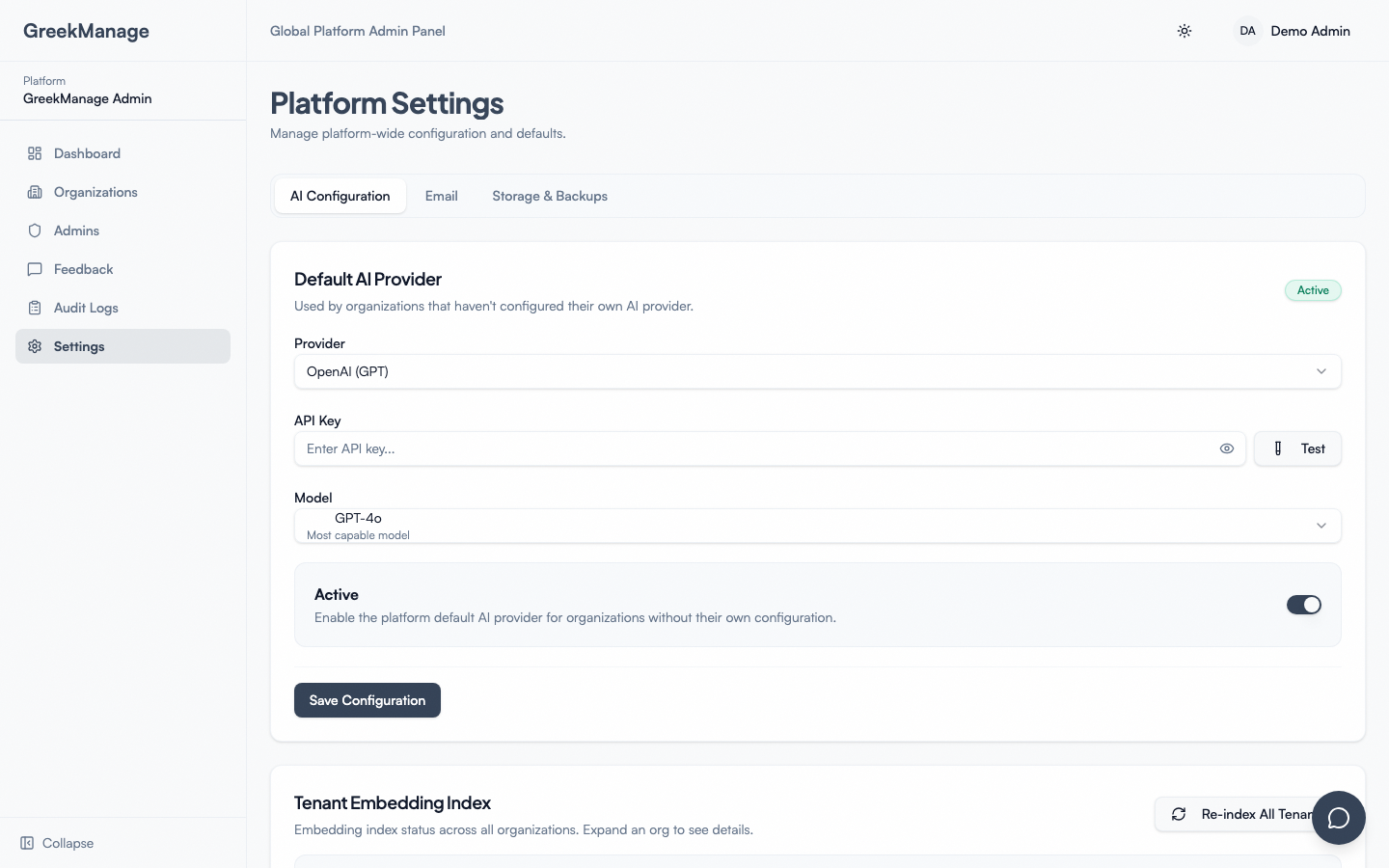The platform email config screen.