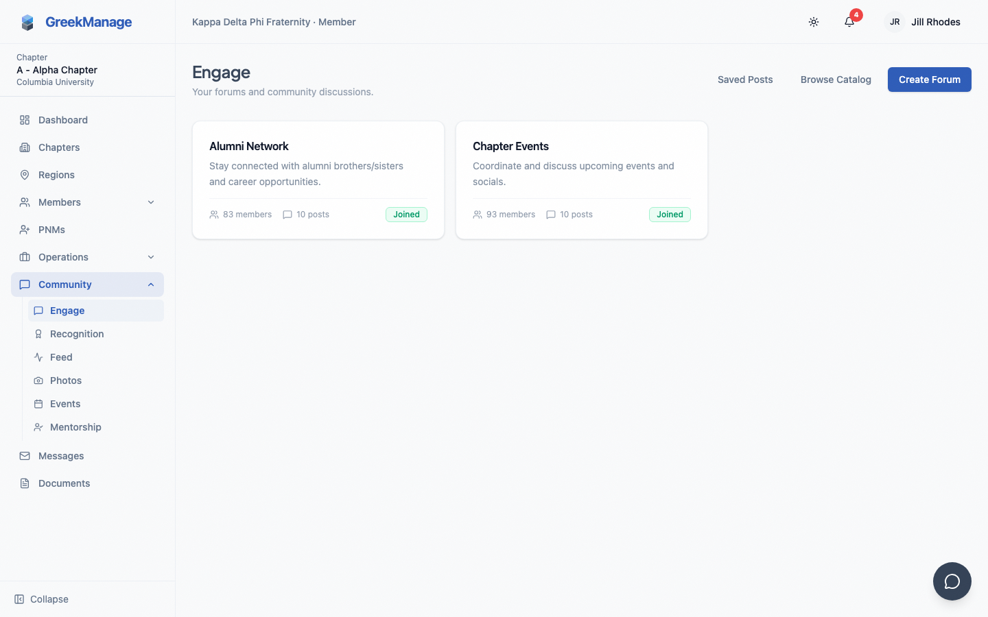 The Engage home with subscribed and discoverable forums.