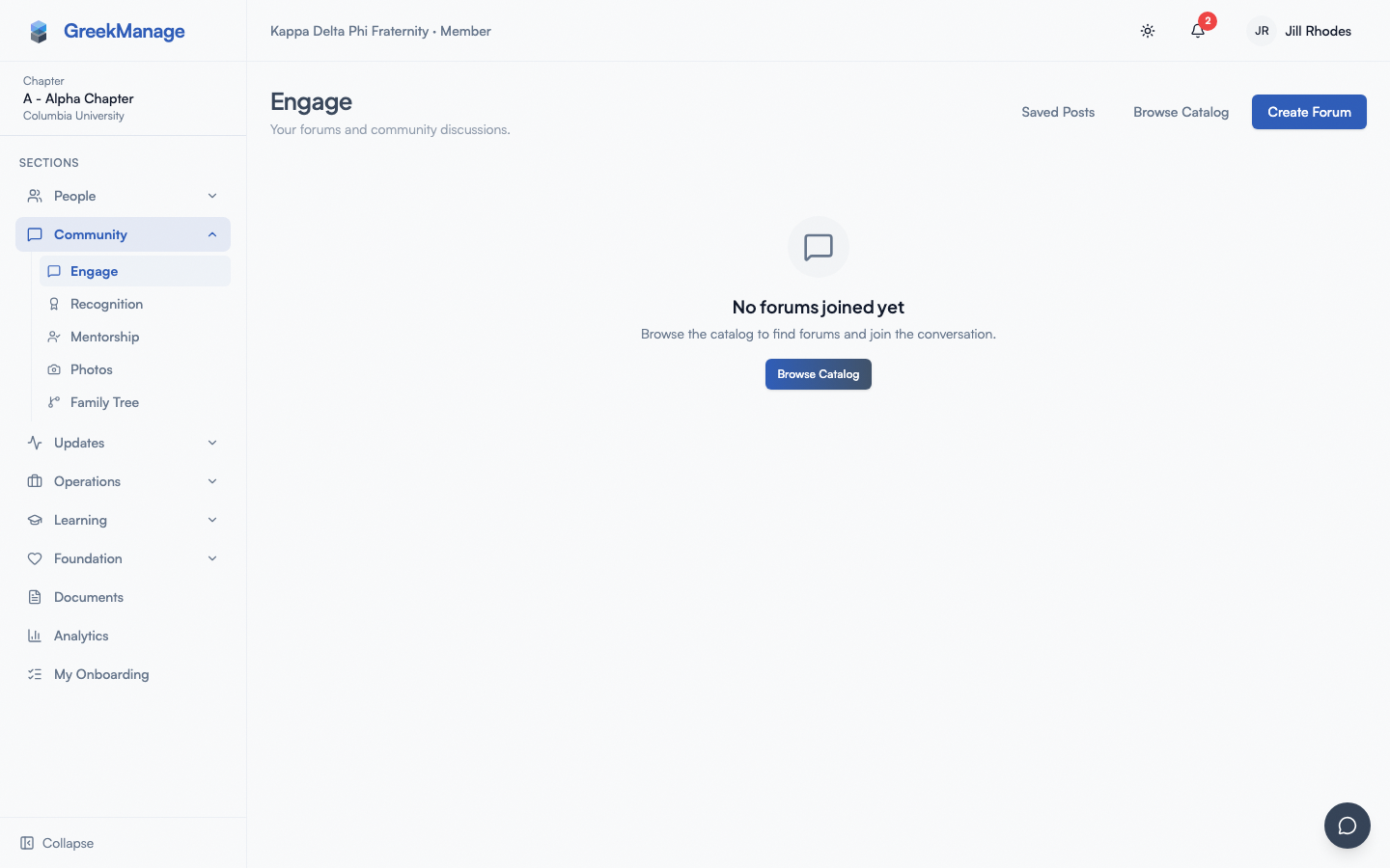 The Engage home with subscribed and discoverable forums.