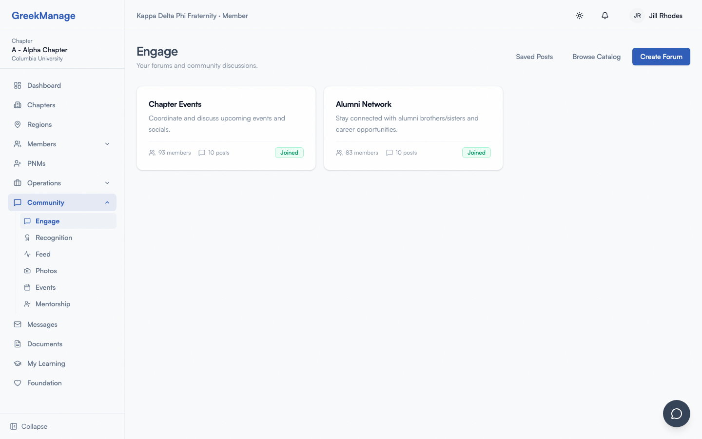 The Engage home with subscribed and discoverable forums.