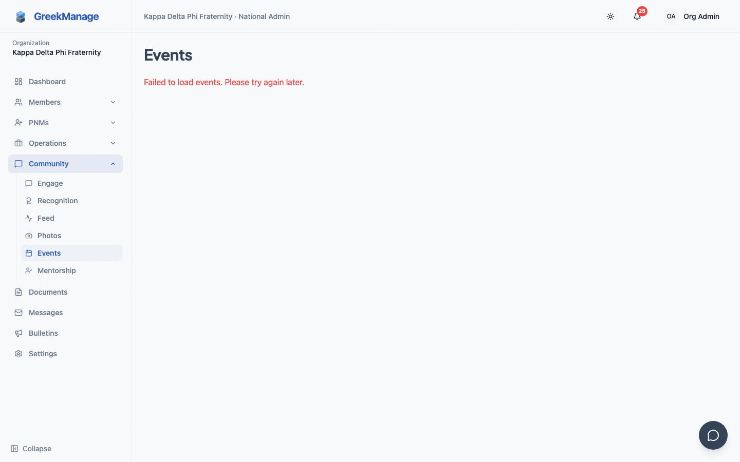 org events list showing the type filter, the RSVP rollup column, and the mandatory and cancelled status badges