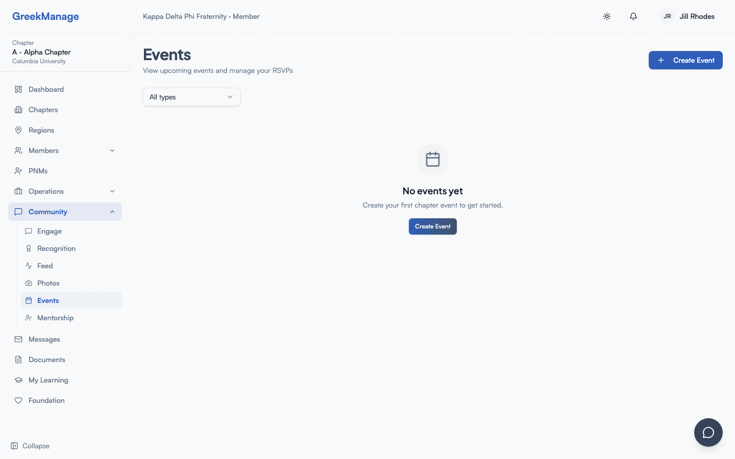 The events list with upcoming chapter events.