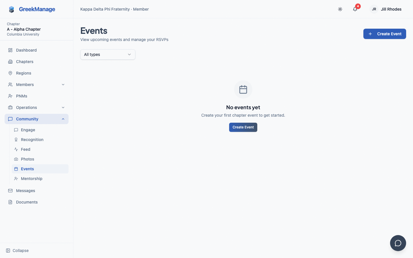 Events grid with date filter and RSVP status badges.