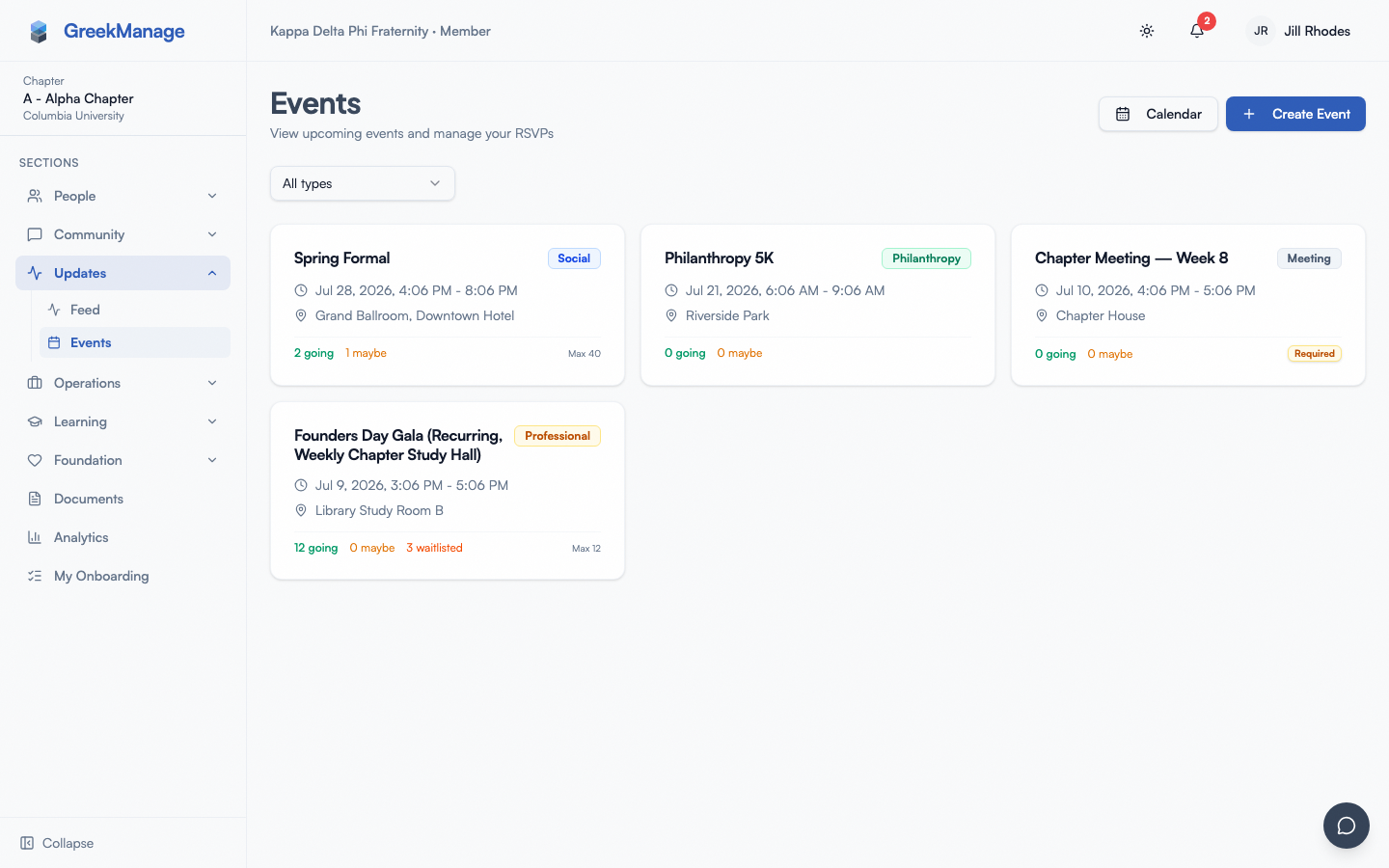 Events grid with date filter and RSVP status badges.