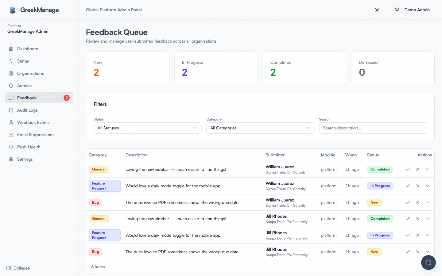 Platform → Feedback list view