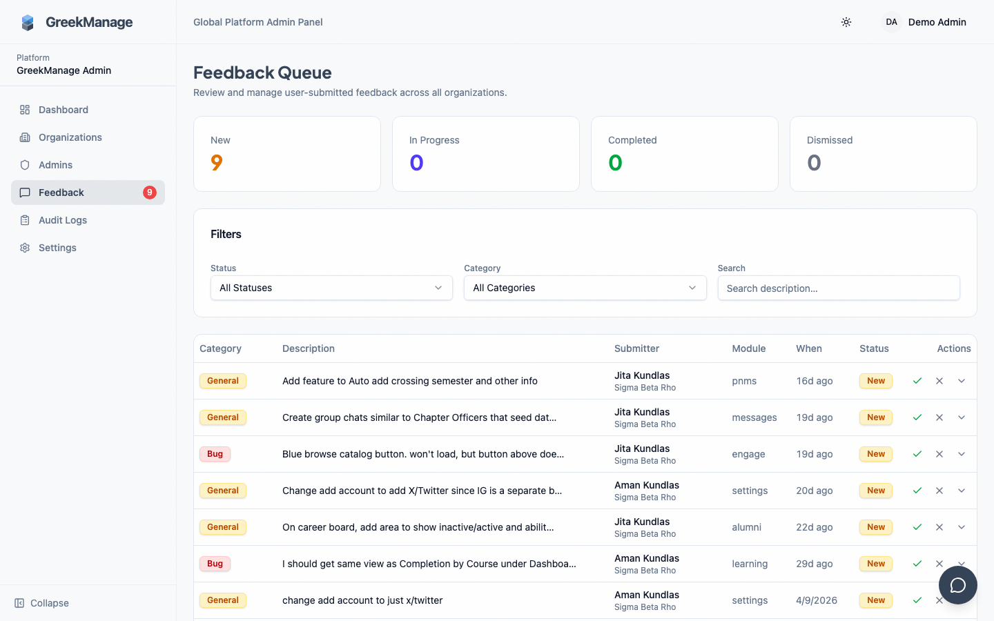 Platform → Feedback list view