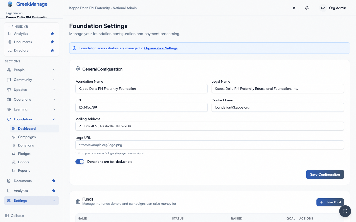 Foundation Settings landing with the General, Payment Processor, and Receipt Template cards.