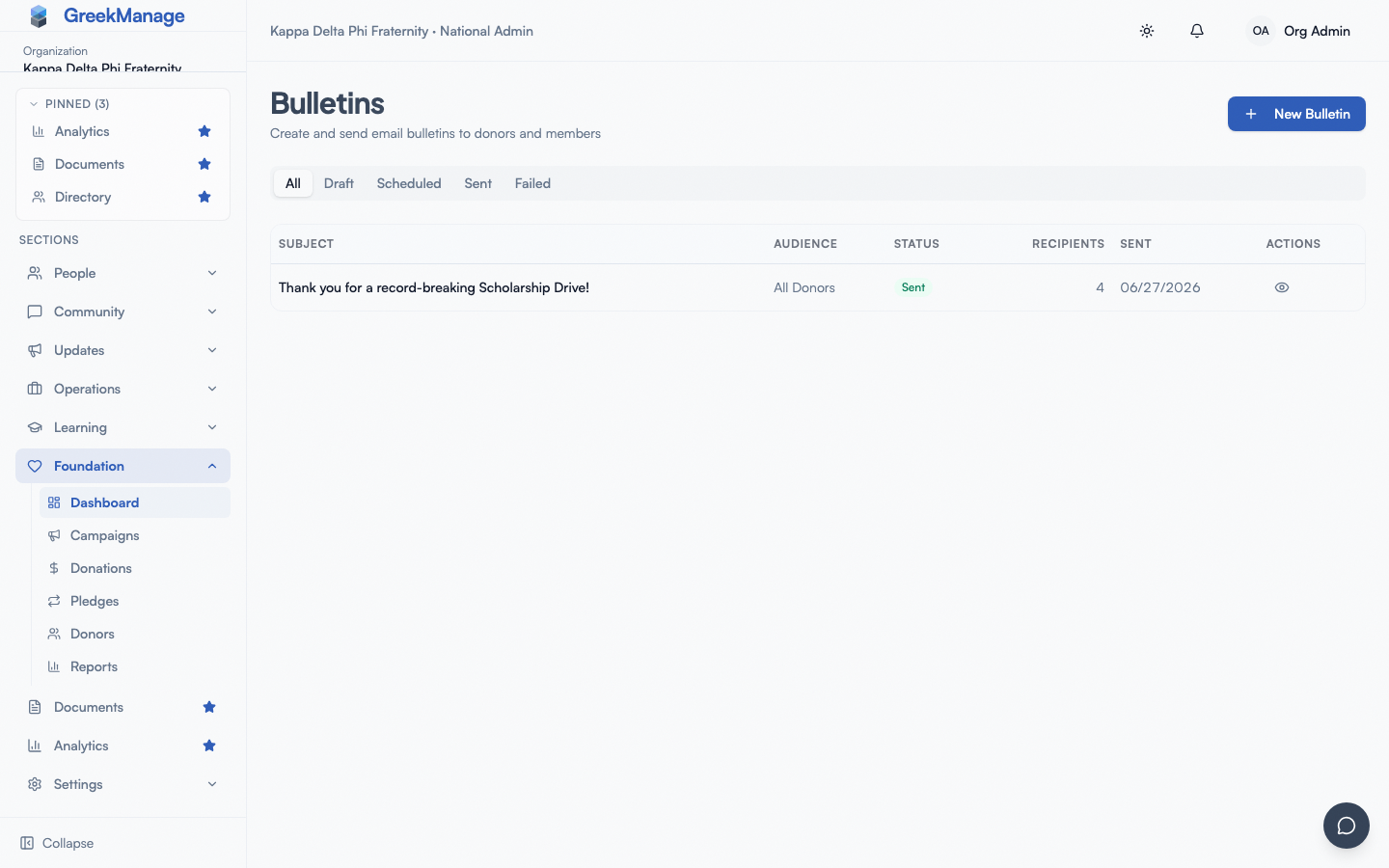 New Bulletin dialog with subject, body, and audience fields