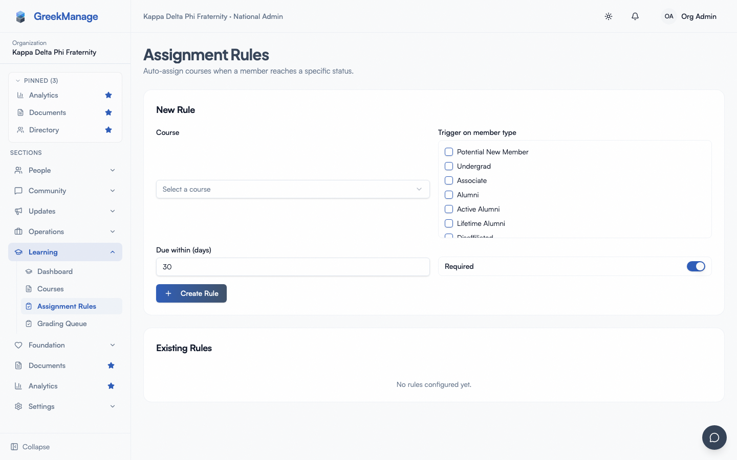 the 'New rule' form above the existing rules table