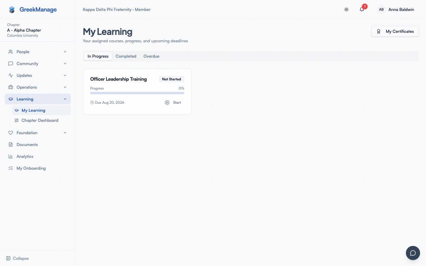 Chapter learning dashboard with four stat tiles and a Recent Completions card.