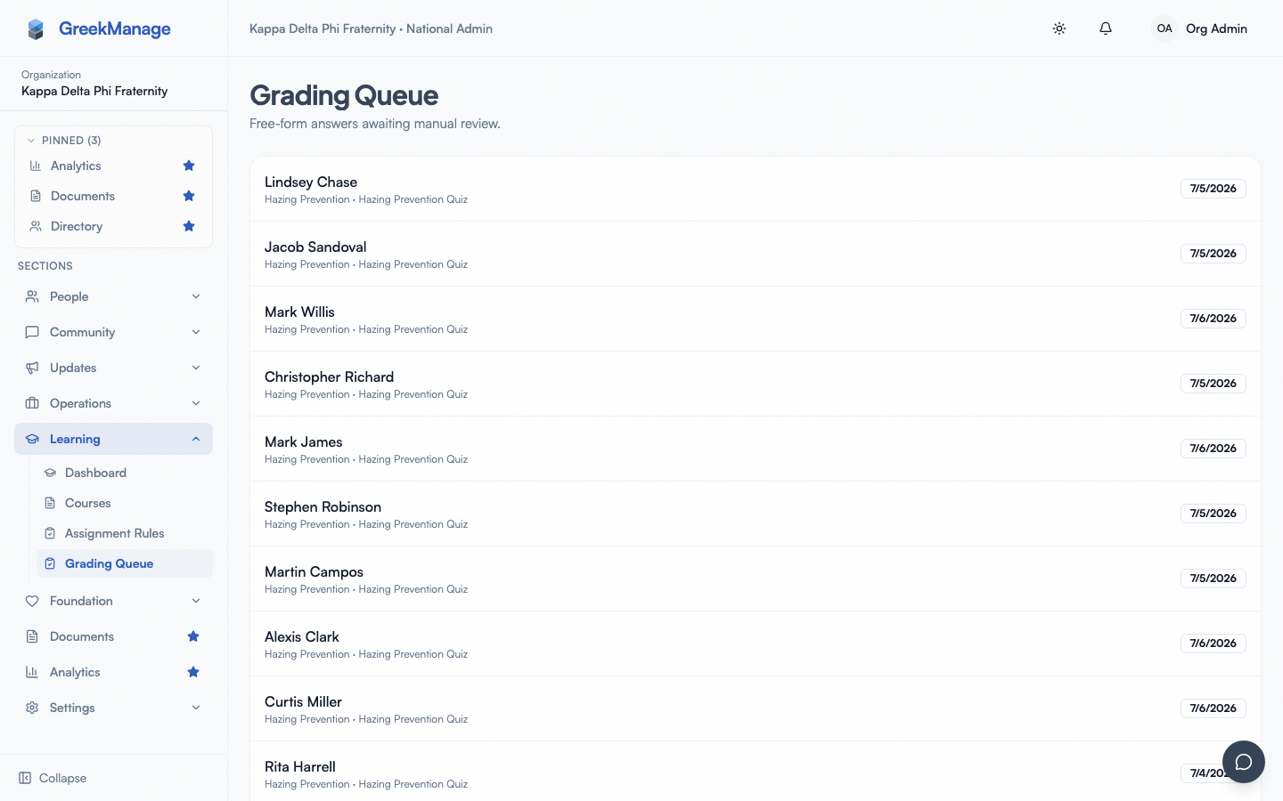 Grading queue with an expanded attempt — prompt, response, and points input.