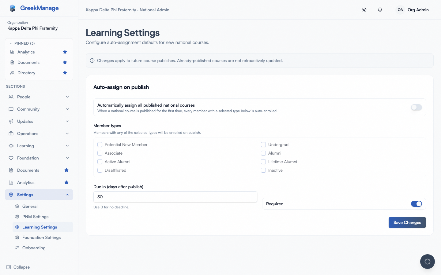 the settings page with the auto-assign toggle, member-type picker, and due-days input
