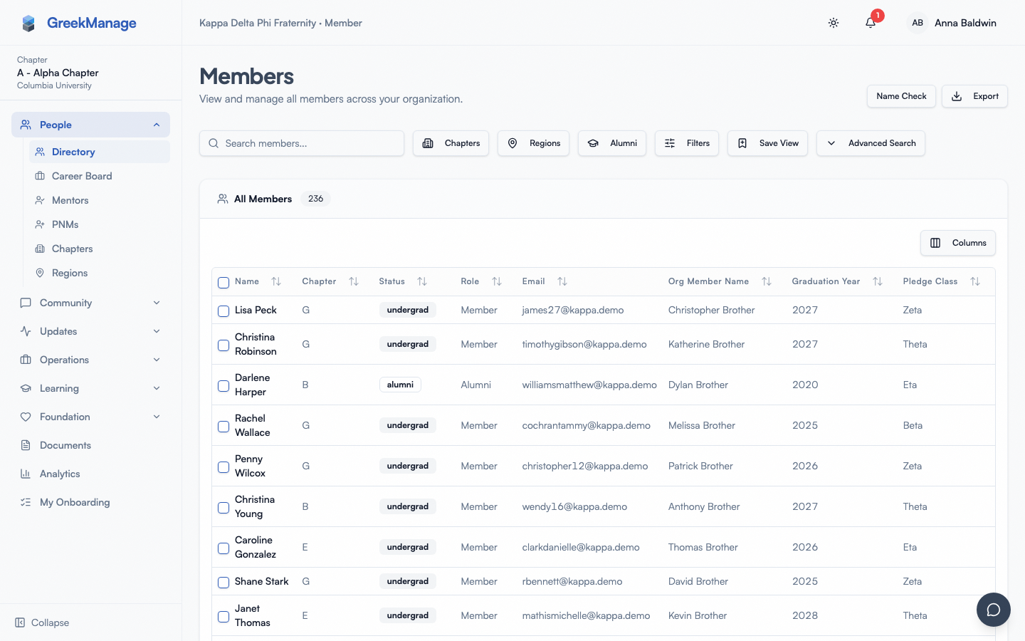 chapter member directory with filter chips