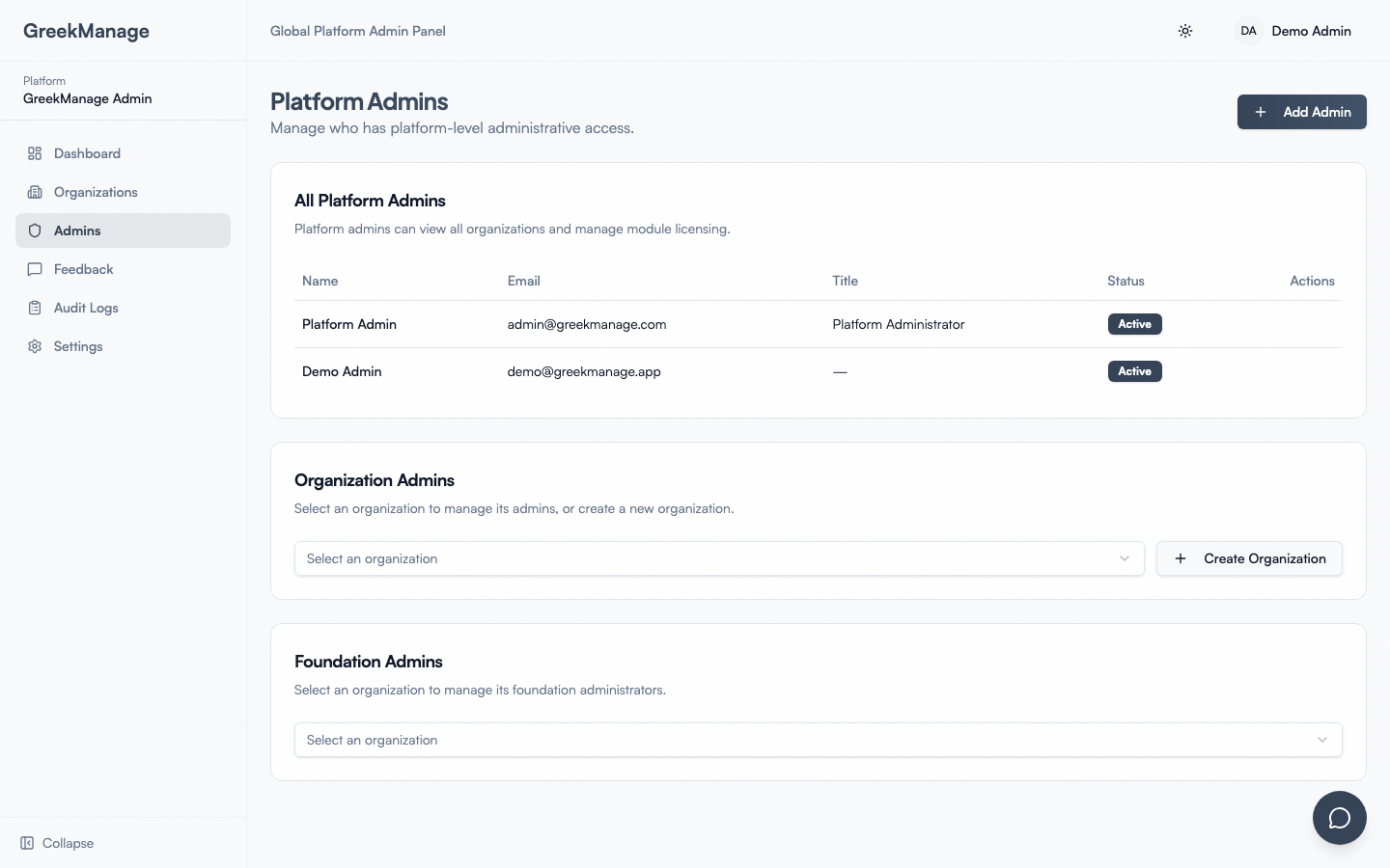 The platform admins list.