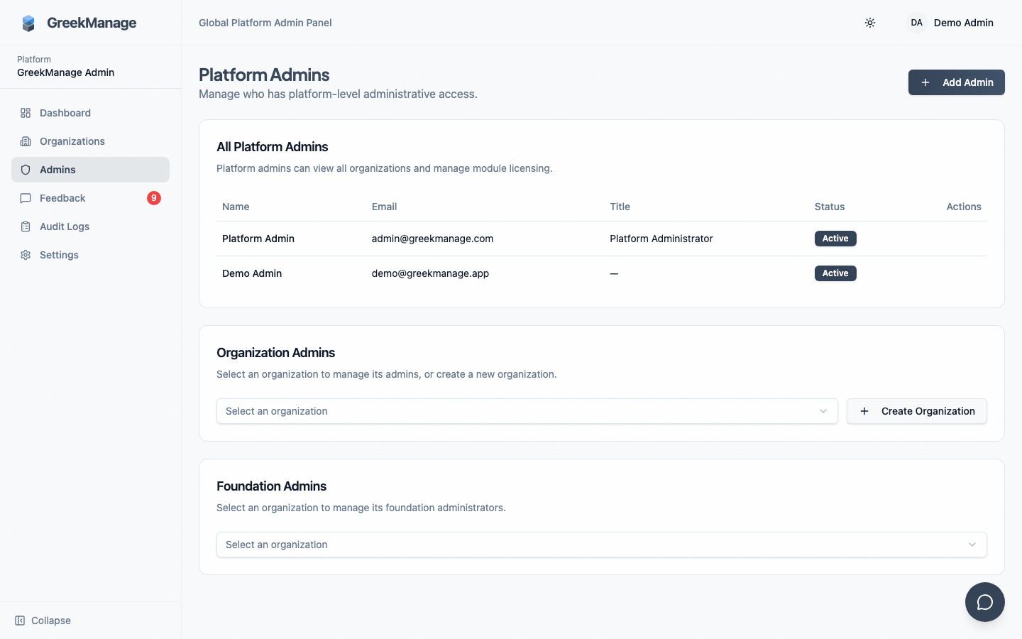 platform admins list with the Add Admin button highlighted