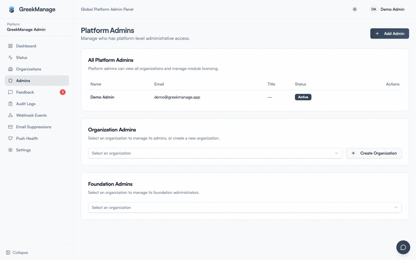 platform admins list with the Add Admin button highlighted