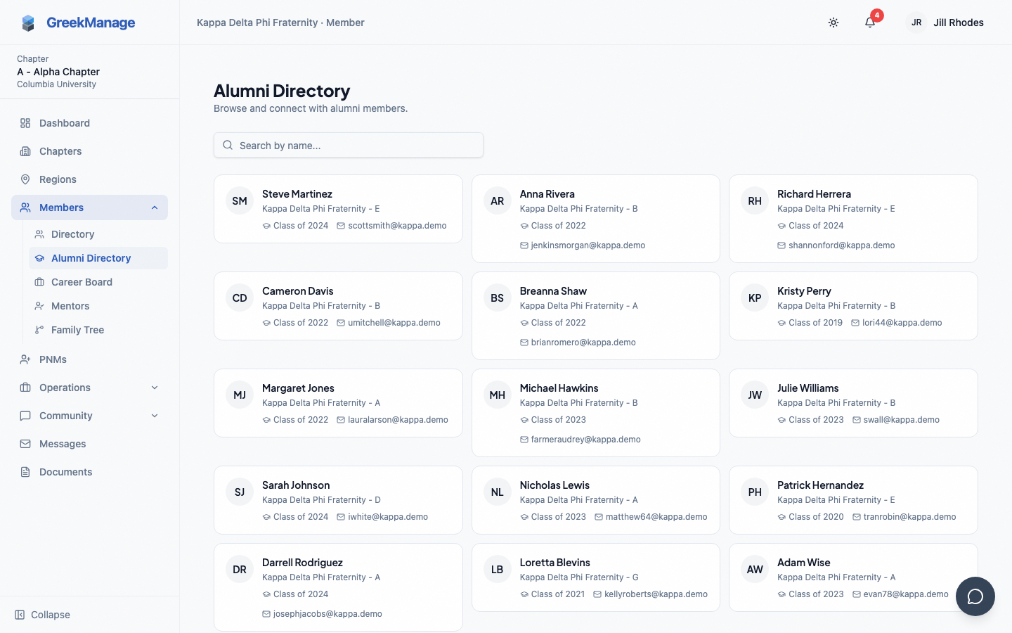 Alumni mentorship browser with mentor cards and topic filters.