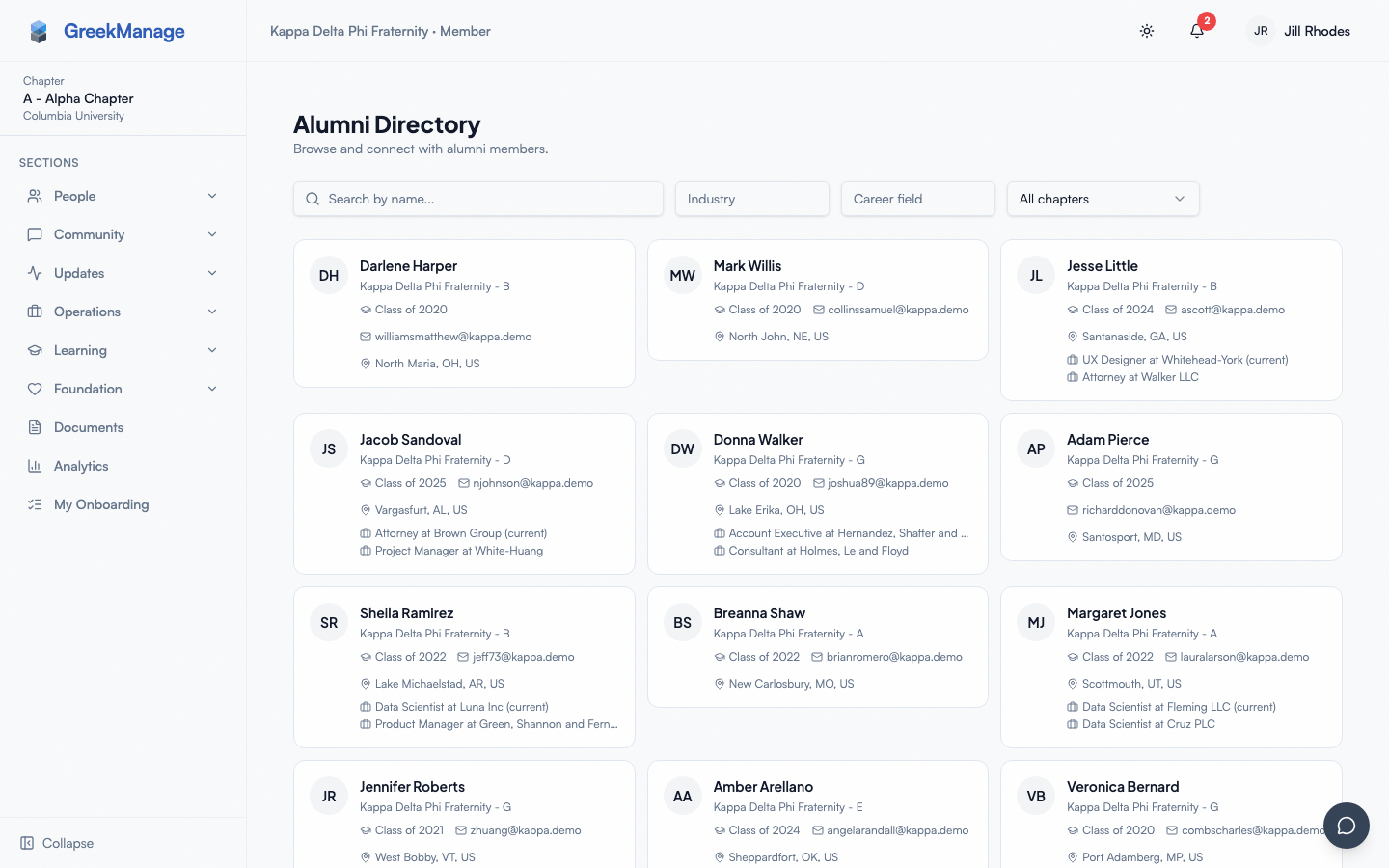 Alumni mentorship browser with mentor cards and topic filters.