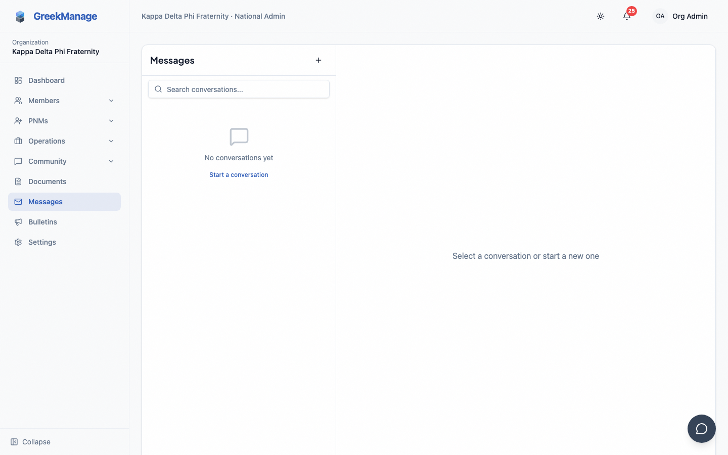 Messages page showing the conversation list, an active thread, the composer, and a typing indicator